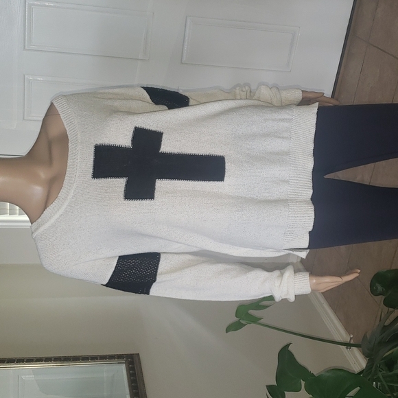 Fifty Street s crewneck open knit mesh arm bands cross stitch front ribb… cross - Picture 1 of 7